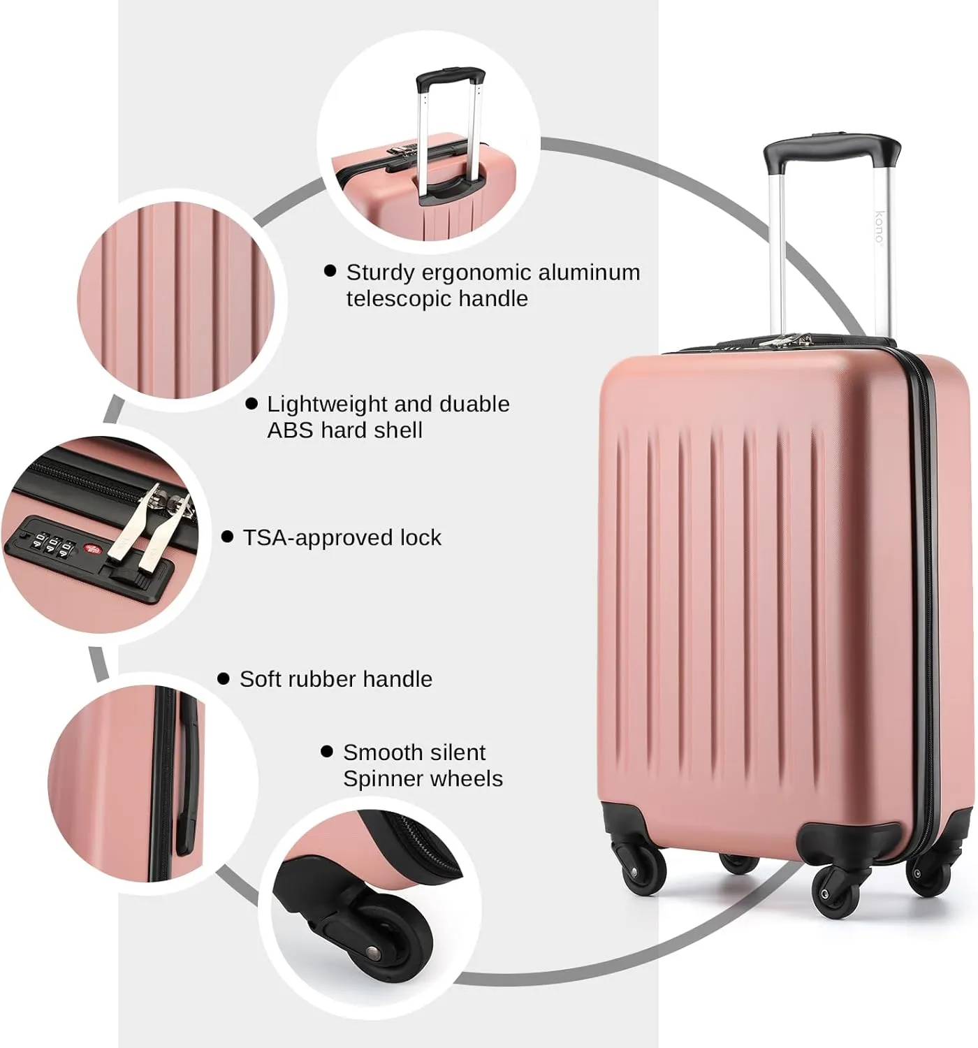 Kono 20 Inch Carry on Luggage Suitcase with Spinner Wheels, Lightweight Rolling Cabin Suitcase for Airplanes Travel (Rose Gold, For 1-3 Days Travel)