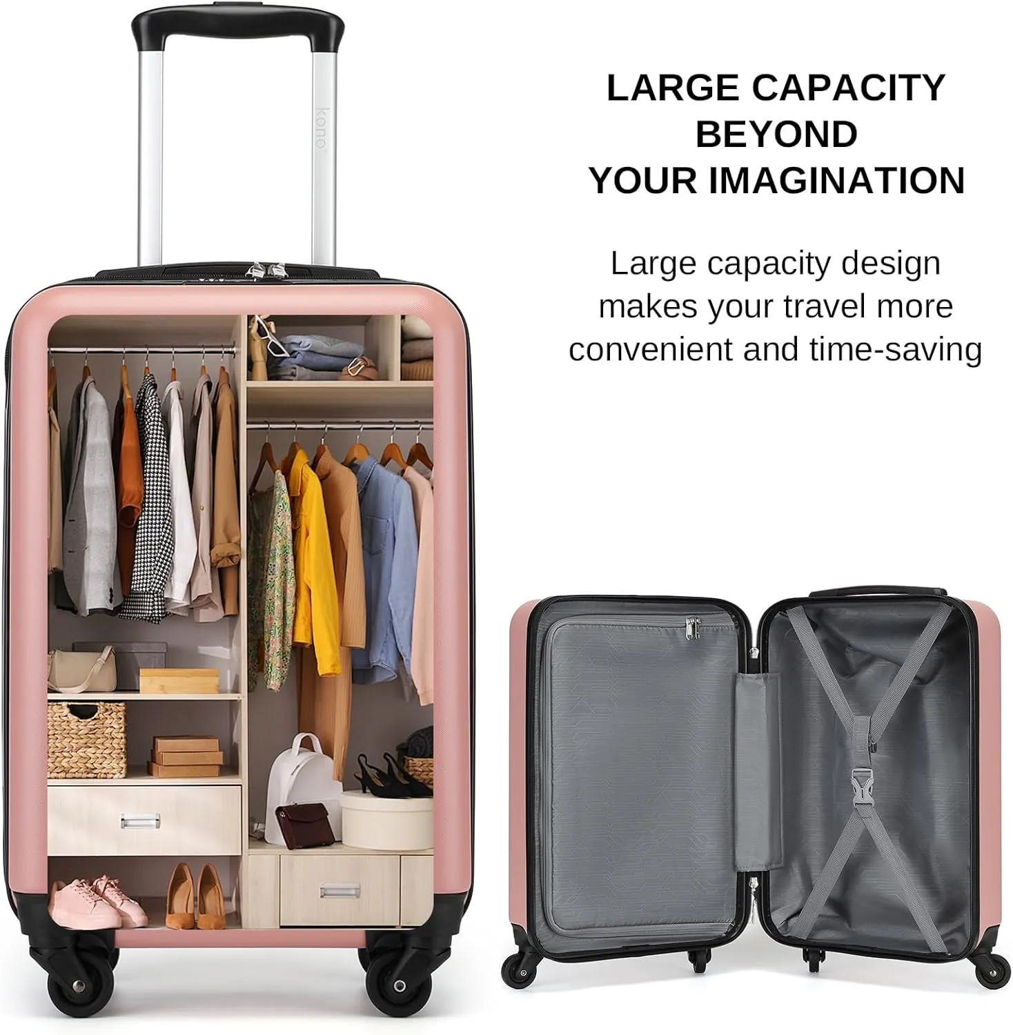 Kono 20 Inch Carry on Luggage Suitcase with Spinner Wheels, Lightweight Rolling Cabin Suitcase for Airplanes Travel (Rose Gold, For 1-3 Days Travel)