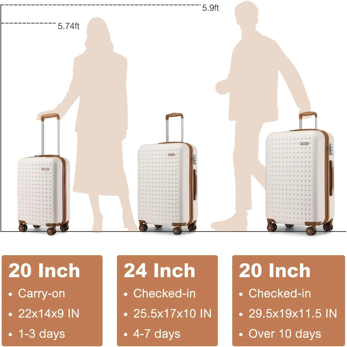 Kono Carry On Luggage 22x14x9 Airline Approved Lightweight Hardside Suitcase with Spinner Wheels & Built-in TSA Lock (Cream White, 20 Inch)