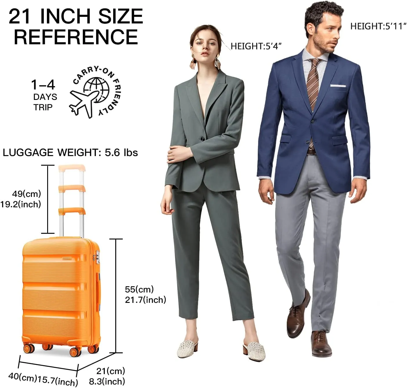 Kono Carry On Luggage Hard Shell Travel Trolley 4 Spinner Wheels Lightweight Polypropylene Suitcase with TSA Lock (Carry-On 21-Inch, Orange)