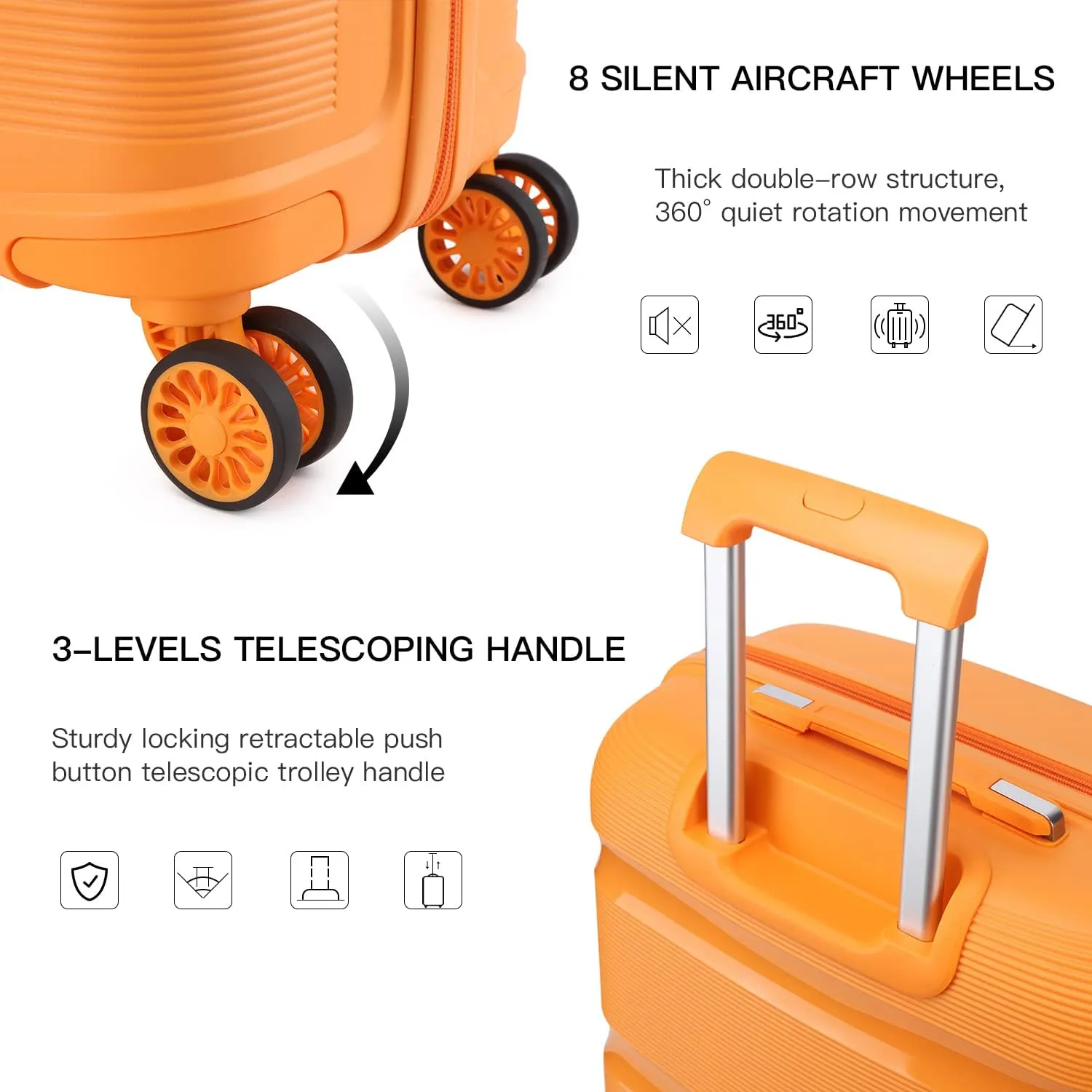 Kono Carry On Luggage Hard Shell Travel Trolley 4 Spinner Wheels Lightweight Polypropylene Suitcase with TSA Lock (Carry-On 21-Inch, Orange)