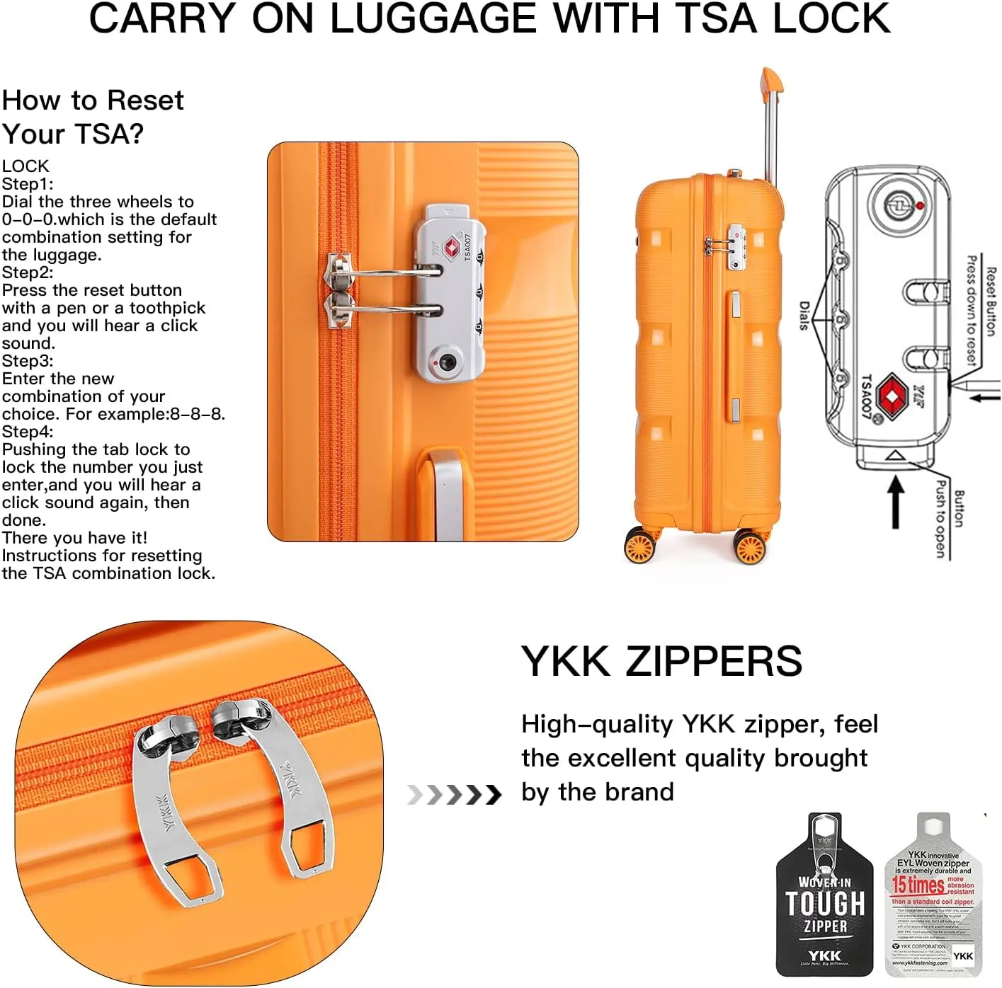 Kono Carry On Luggage Hard Shell Travel Trolley 4 Spinner Wheels Lightweight Polypropylene Suitcase with TSA Lock (Carry-On 21-Inch, Orange)