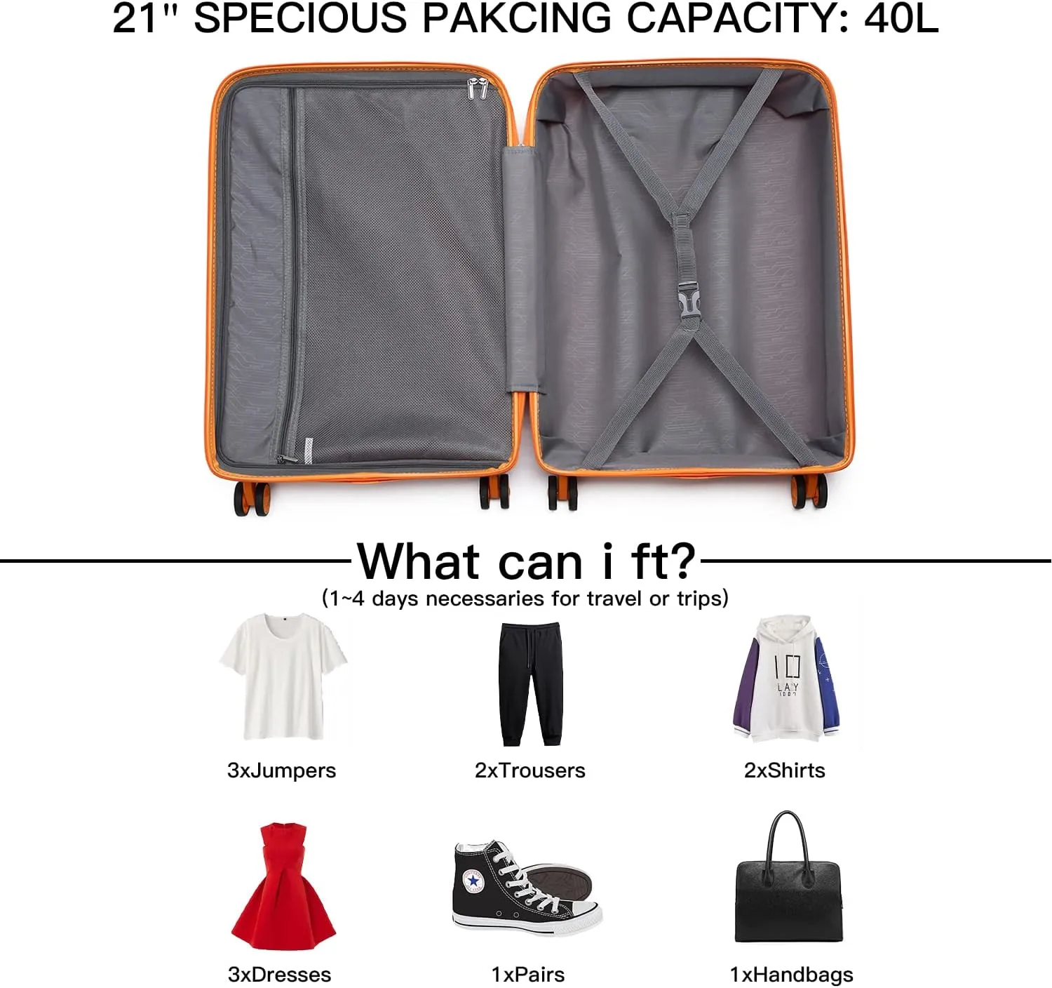 Kono Carry On Luggage Hard Shell Travel Trolley 4 Spinner Wheels Lightweight Polypropylene Suitcase with TSA Lock (Carry-On 21-Inch, Orange)