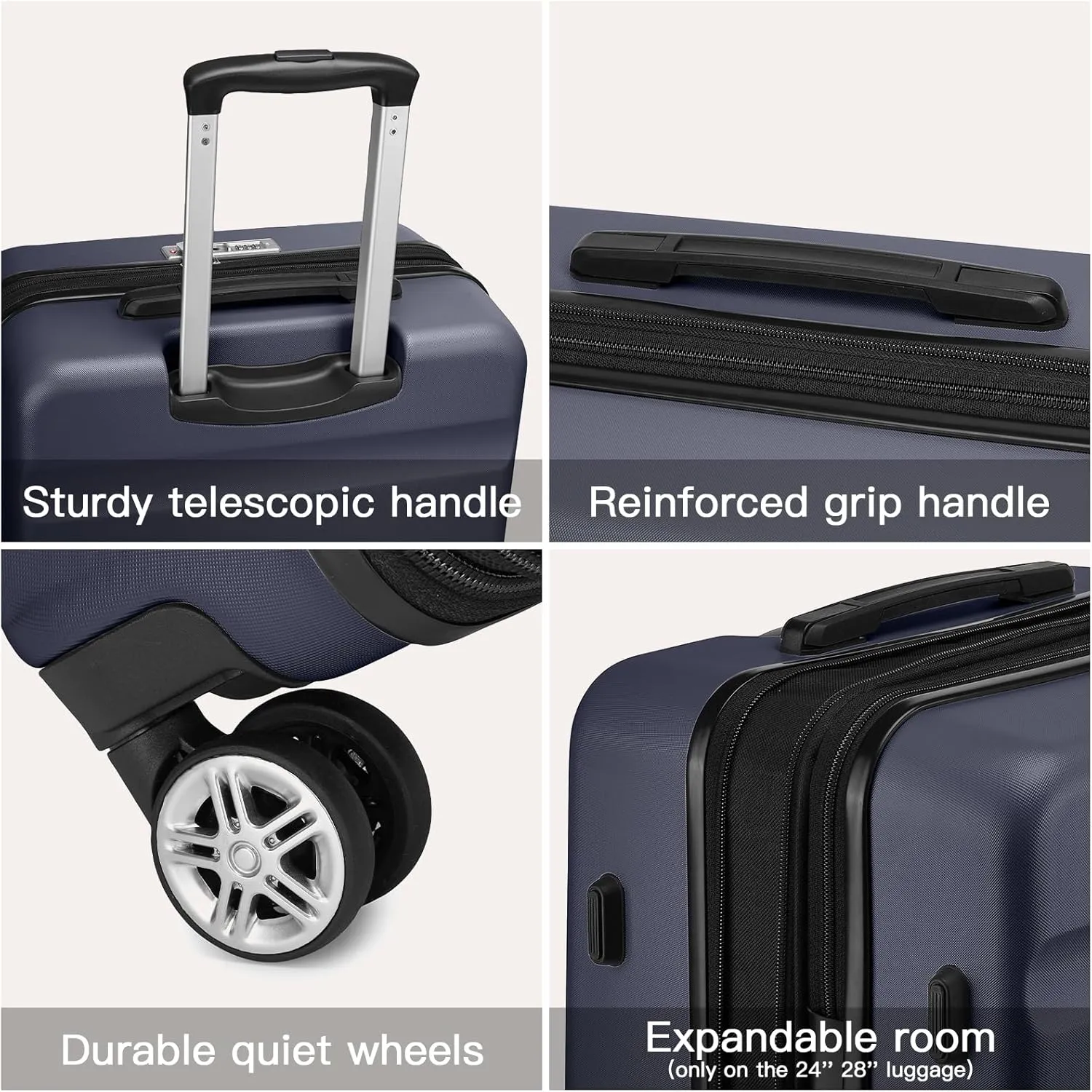 Kono Luggage Set 3 Pieces Expandable PC ABS Durable Suitcase Hardside with Double Spinner Wheels Tsa Lock Navy(20in/24in/28in)