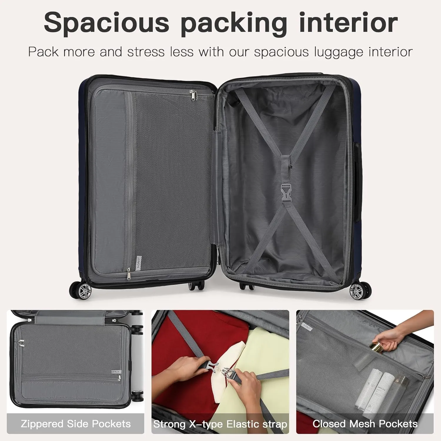 Kono Luggage Set 3 Pieces Expandable PC ABS Durable Suitcase Hardside with Double Spinner Wheels Tsa Lock Navy(20in/24in/28in)