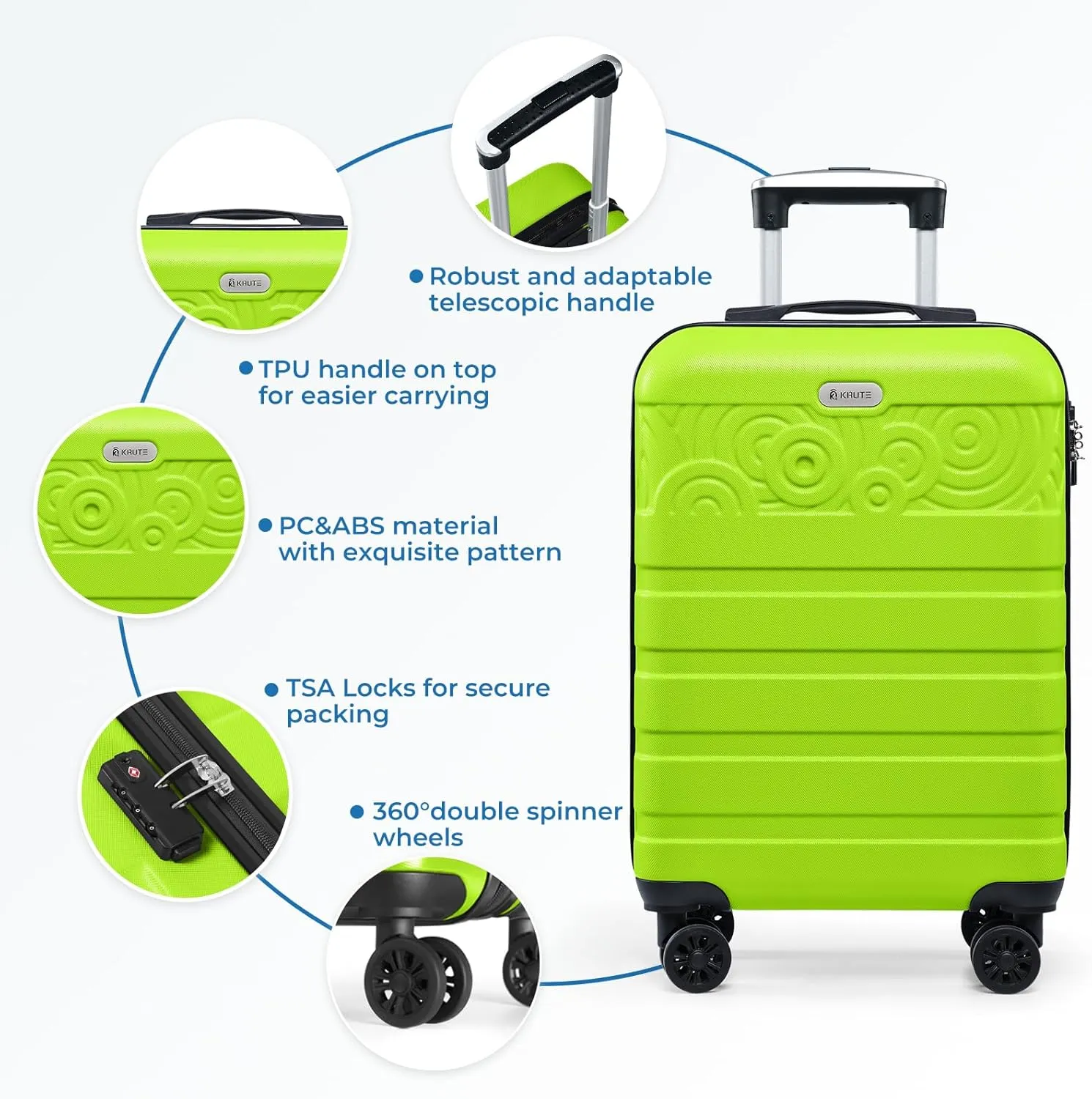 Krute Carry On Luggage 22x14x9 Airline Approved Hard Shell Luggage with Spinner Wheels, 20 Inch PC&ABS TSA Lock kids suitcase（AppleGreen）