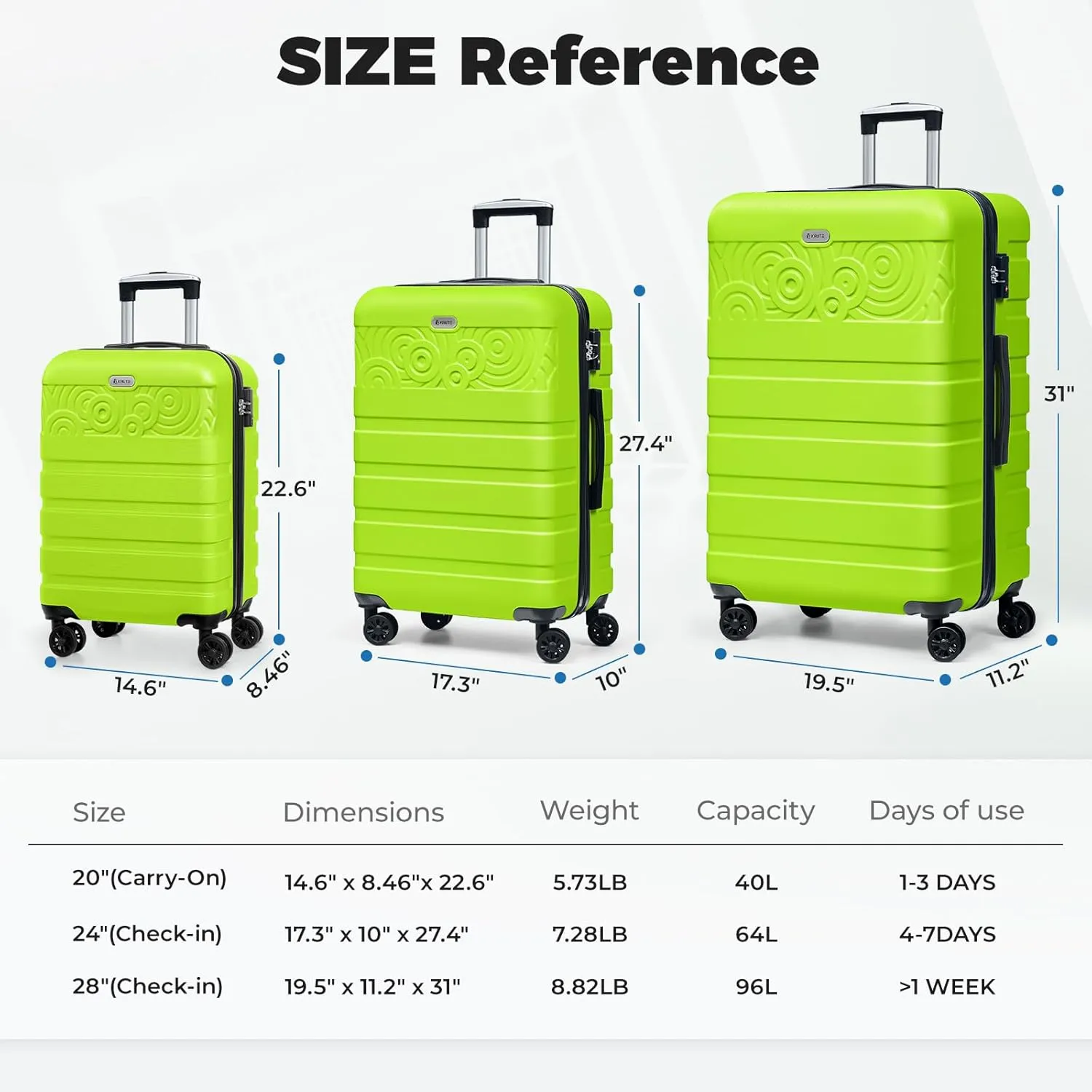 Krute Carry On Luggage 22x14x9 Airline Approved Hard Shell Luggage with Spinner Wheels, 20 Inch PC&ABS TSA Lock kids suitcase（AppleGreen）