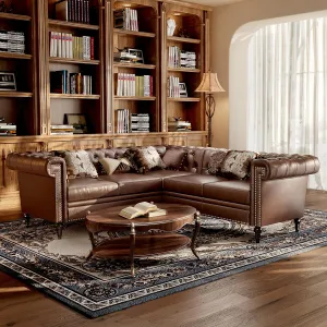 L-Shaped Sectional Couches for Living Room, Modern Reversible Chesterfield Faux Leather Sofa with Tufted Back & Rolled Arm, 5 Seater Corner Couch for Small Space Apartment Office, Brown