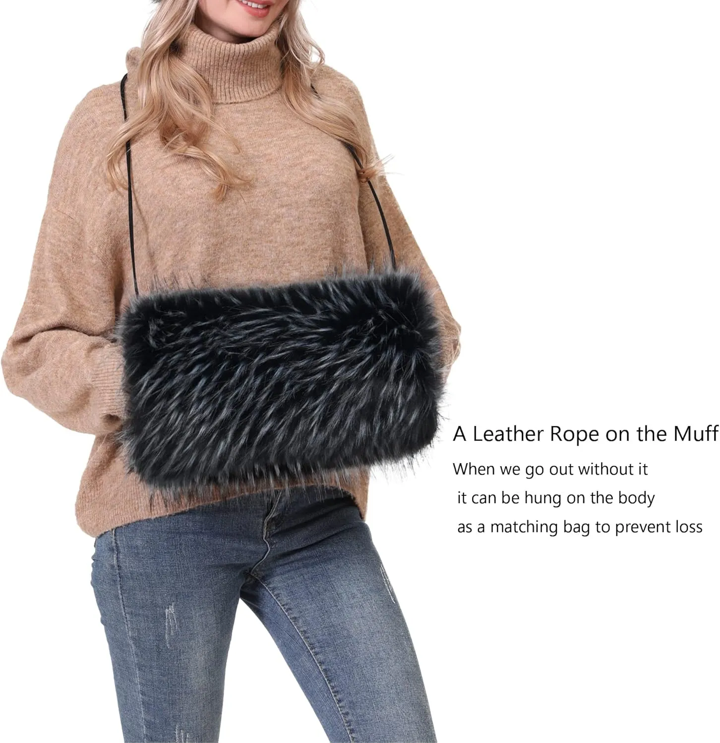 LA CARRIE Faux Fur Hand Muffs Women Winter Warmer Fuzzy Pouch Furry Plush Muffler Wedding Girl Kids Elegant Luxury Chic