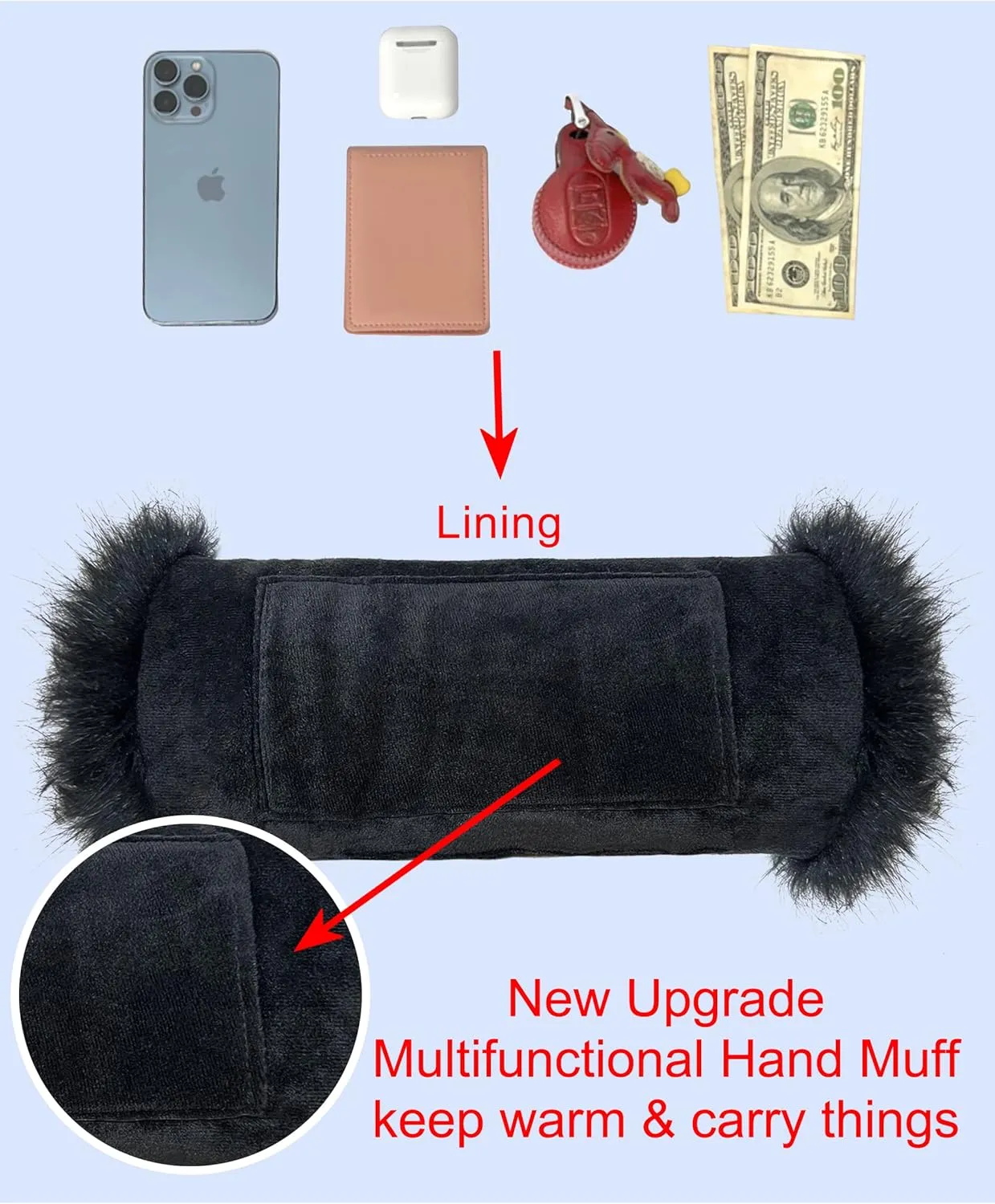 LA CARRIE Faux Fur Hand Muffs Women Winter Warmer Fuzzy Pouch Furry Plush Muffler Wedding Girl Kids Elegant Luxury Chic