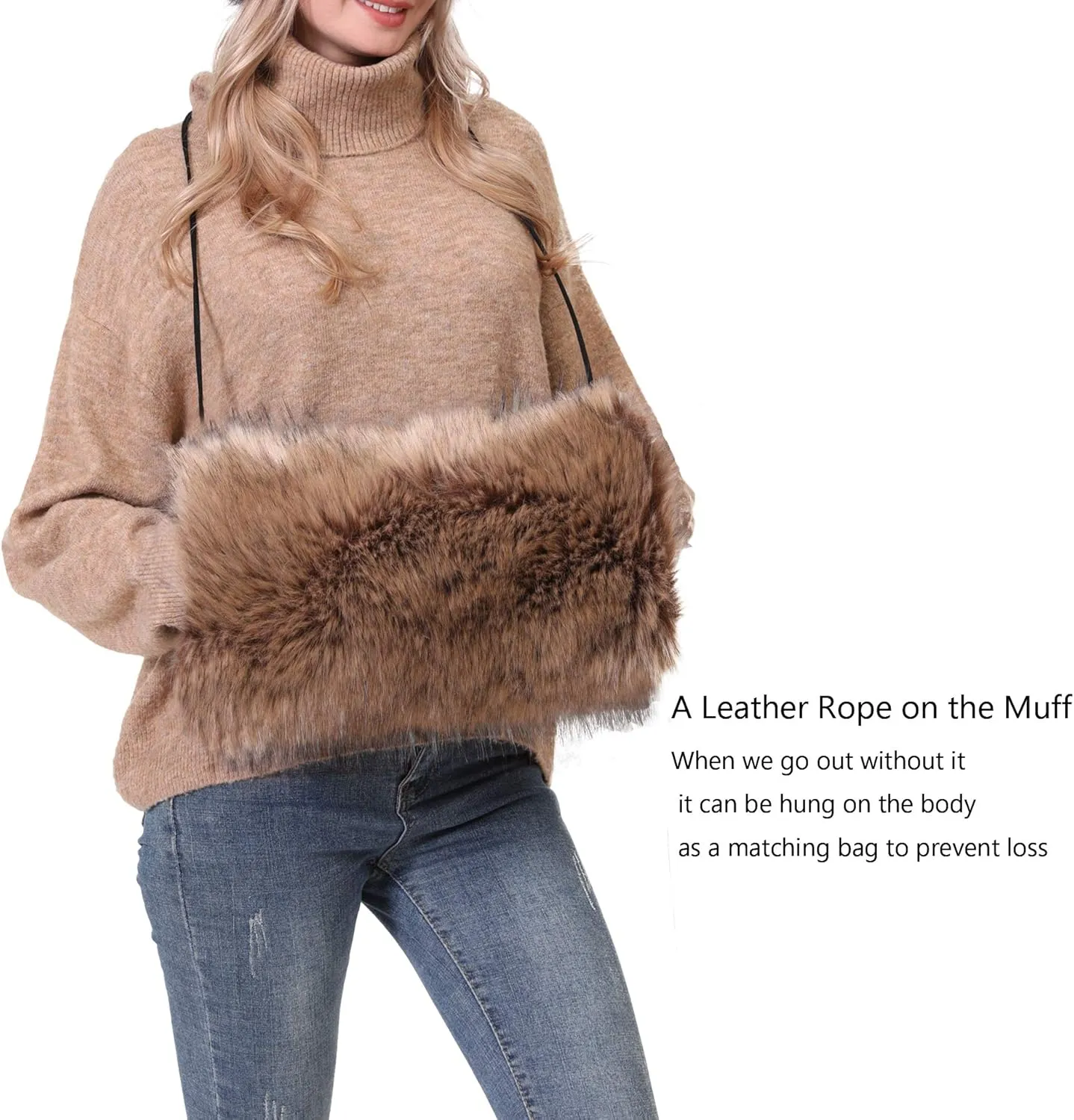 LA CARRIE Faux Fur Hand Muffs Women Winter Warmer Fuzzy Pouch Furry Plush Muffler Wedding Girl Kids Elegant Luxury Chic