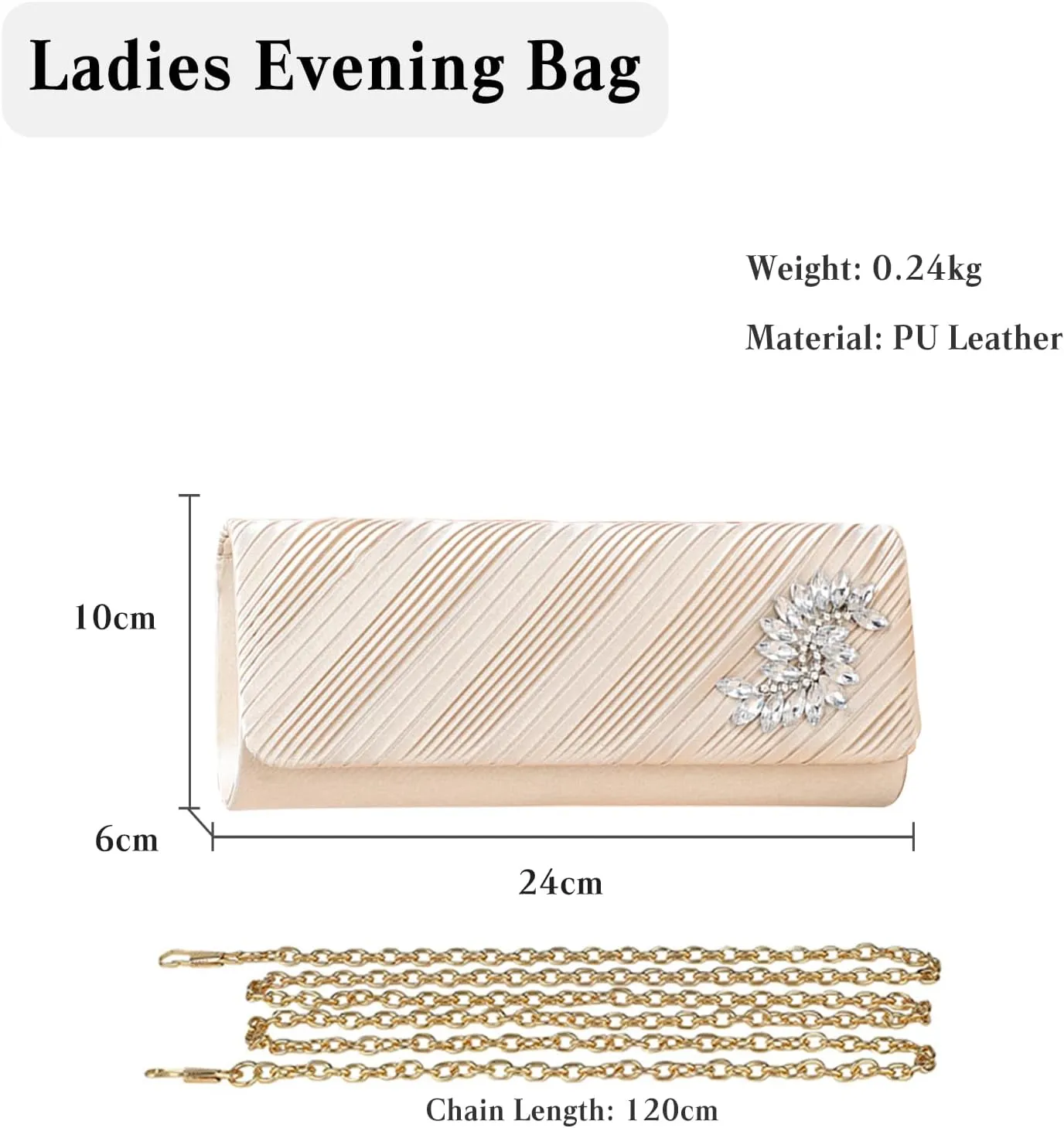 Ladies Rhinestone Evening Bag Sparkly Crystal Handbag Pleated Clutch Bag Bridal Wedding Purse Glitter Shoulder Bag