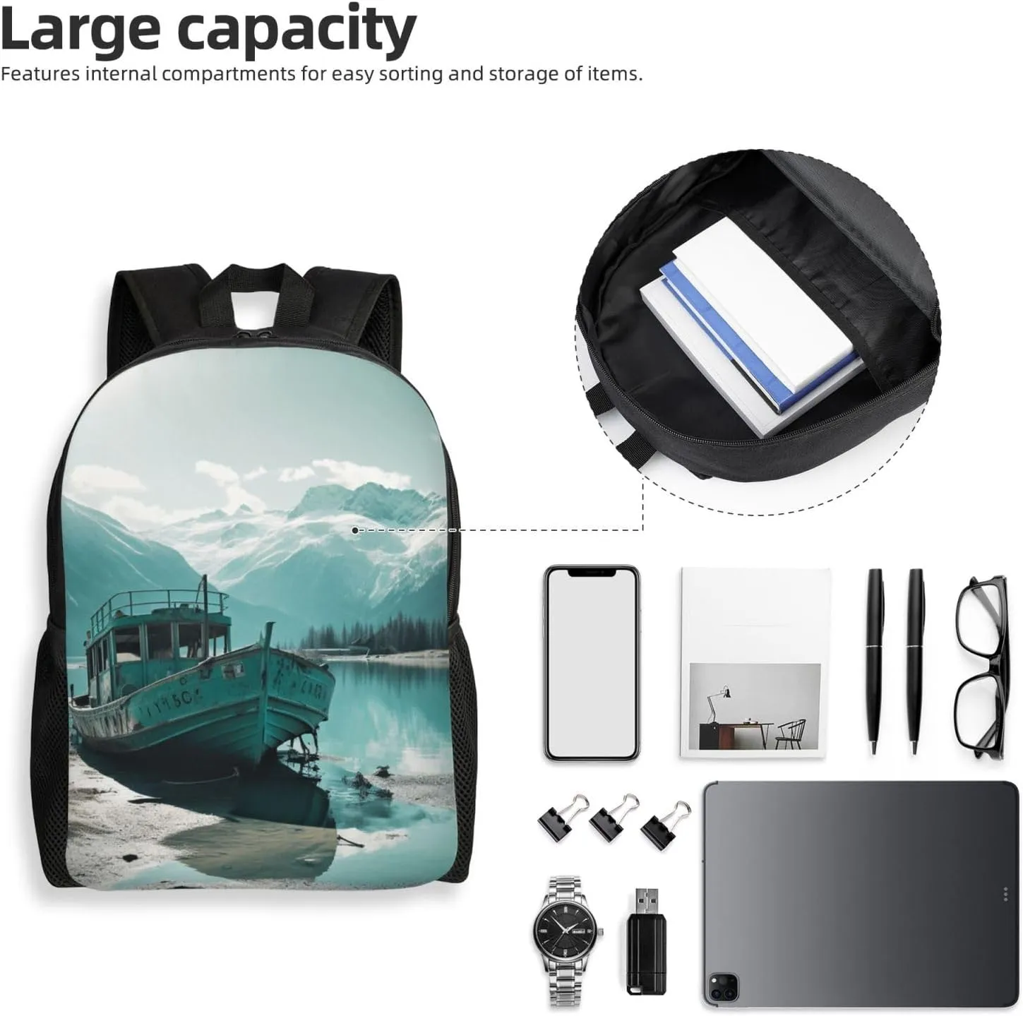 Laptop Backpack for Women Men Carry-on Backpack Boat Docked on the Lake Daypack Lightweight Travel Shoulder Bags