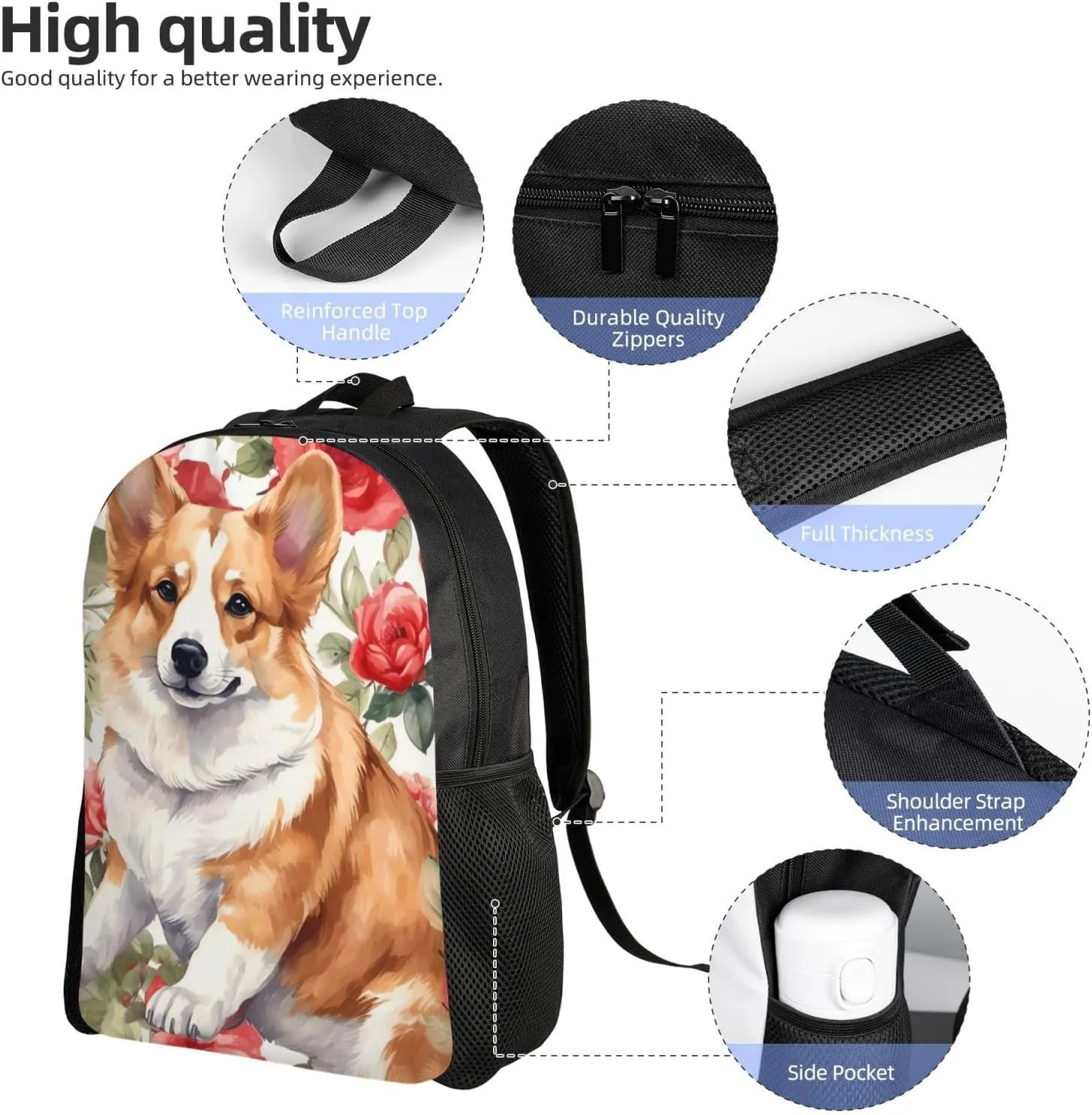 Laptop Backpack for Women Men Carry-on Backpack Corgi Flower Pattern Daypack Lightweight Travel Shoulder Bags