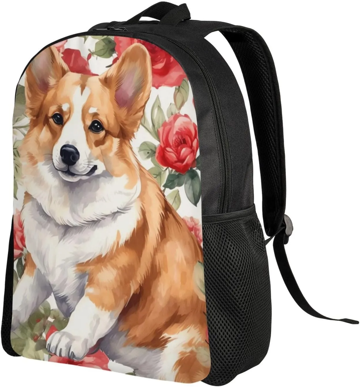 Laptop Backpack for Women Men Carry-on Backpack Corgi Flower Pattern Daypack Lightweight Travel Shoulder Bags