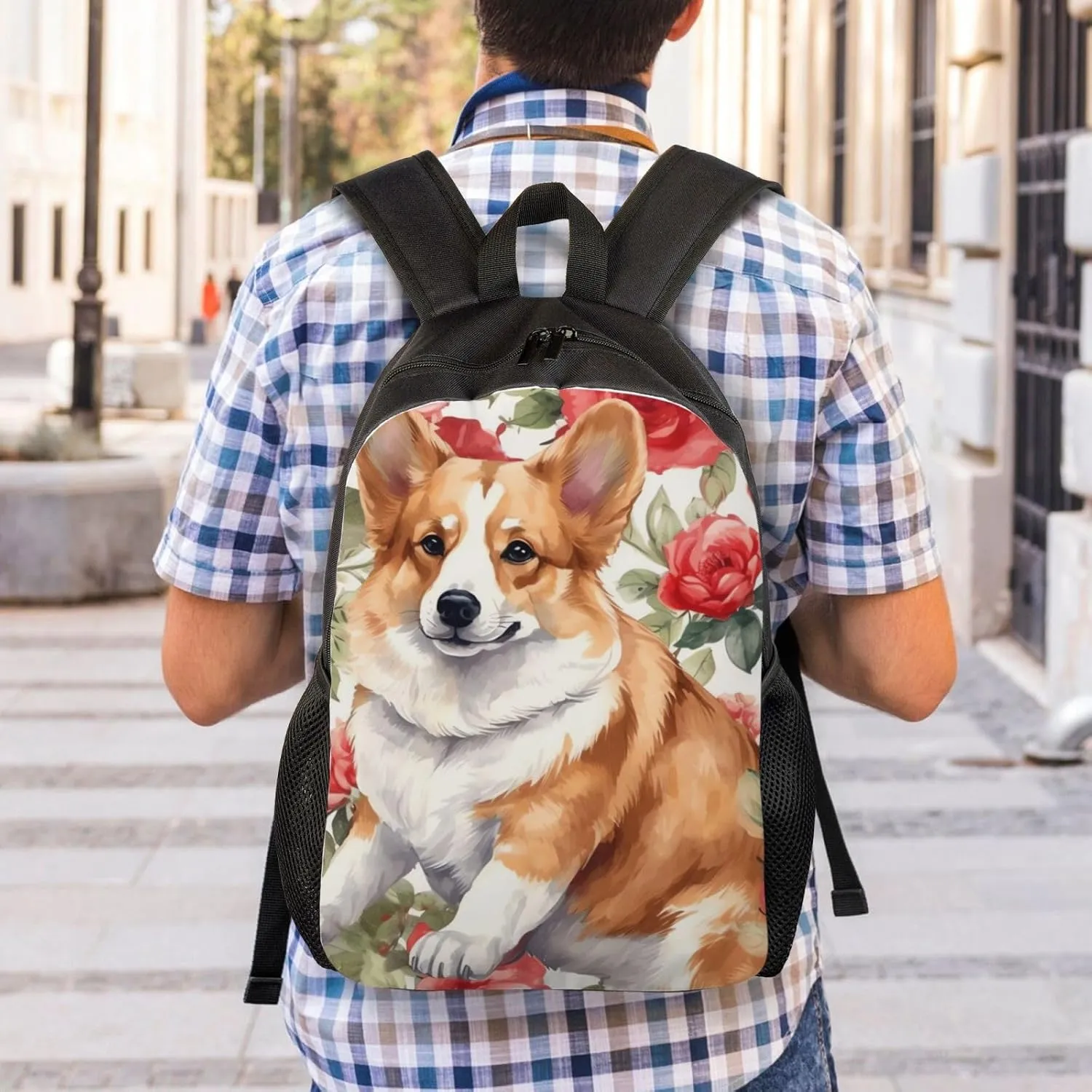 Laptop Backpack for Women Men Carry-on Backpack Corgi Flower Pattern Daypack Lightweight Travel Shoulder Bags