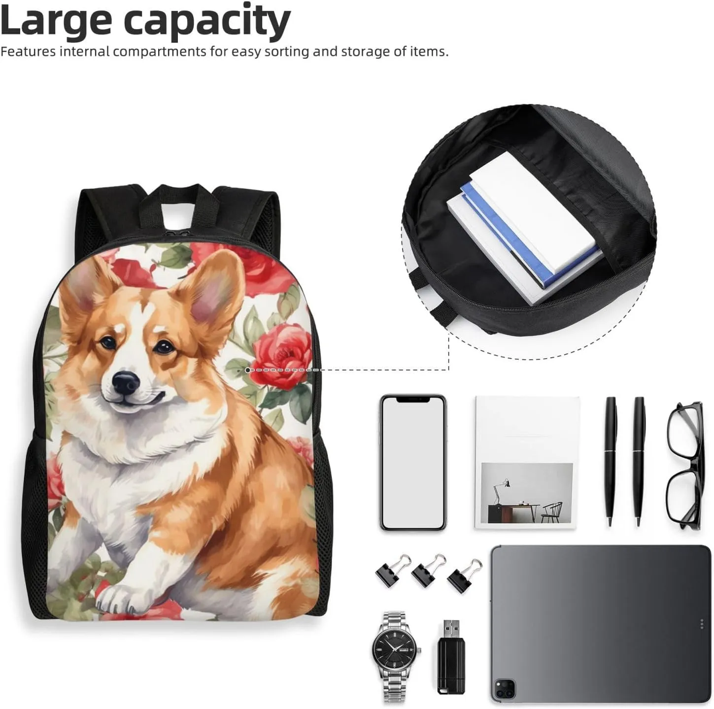 Laptop Backpack for Women Men Carry-on Backpack Corgi Flower Pattern Daypack Lightweight Travel Shoulder Bags
