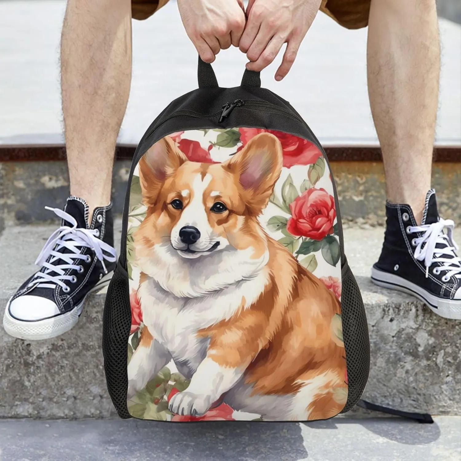 Laptop Backpack for Women Men Carry-on Backpack Corgi Flower Pattern Daypack Lightweight Travel Shoulder Bags