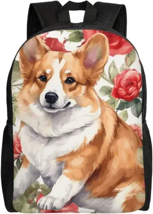 Laptop Backpack for Women Men Carry-on Backpack Corgi Flower Pattern Daypack Lightweight Travel Shoulder Bags