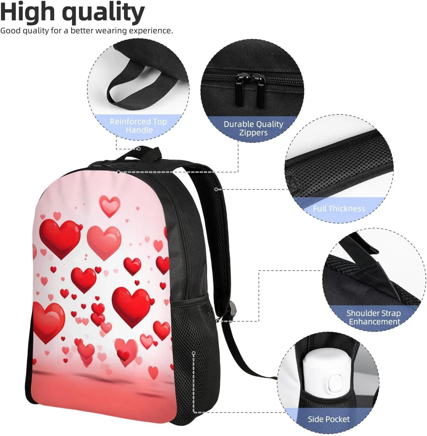 Laptop Backpack for Women Men Carry-on Backpack Red Hearts Daypack Lightweight Travel Shoulder Bags