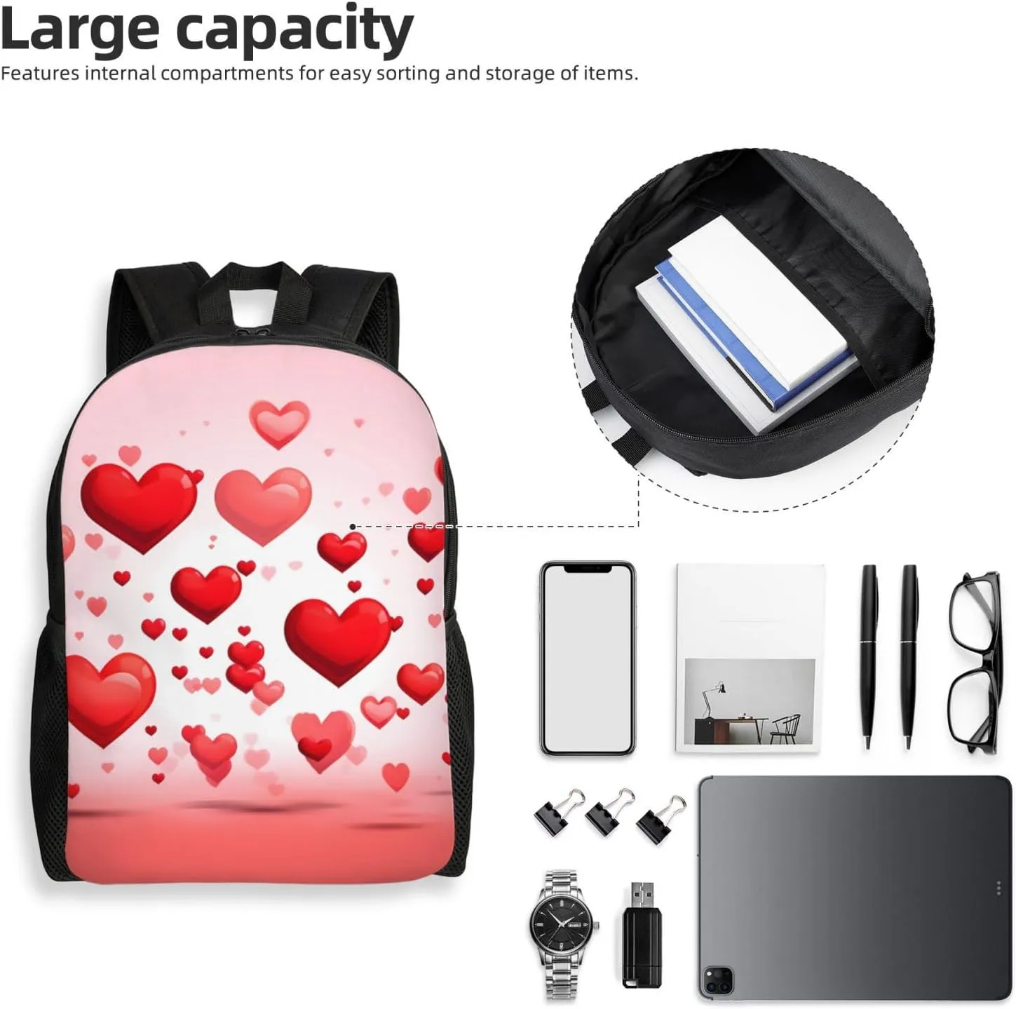 Laptop Backpack for Women Men Carry-on Backpack Red Hearts Daypack Lightweight Travel Shoulder Bags