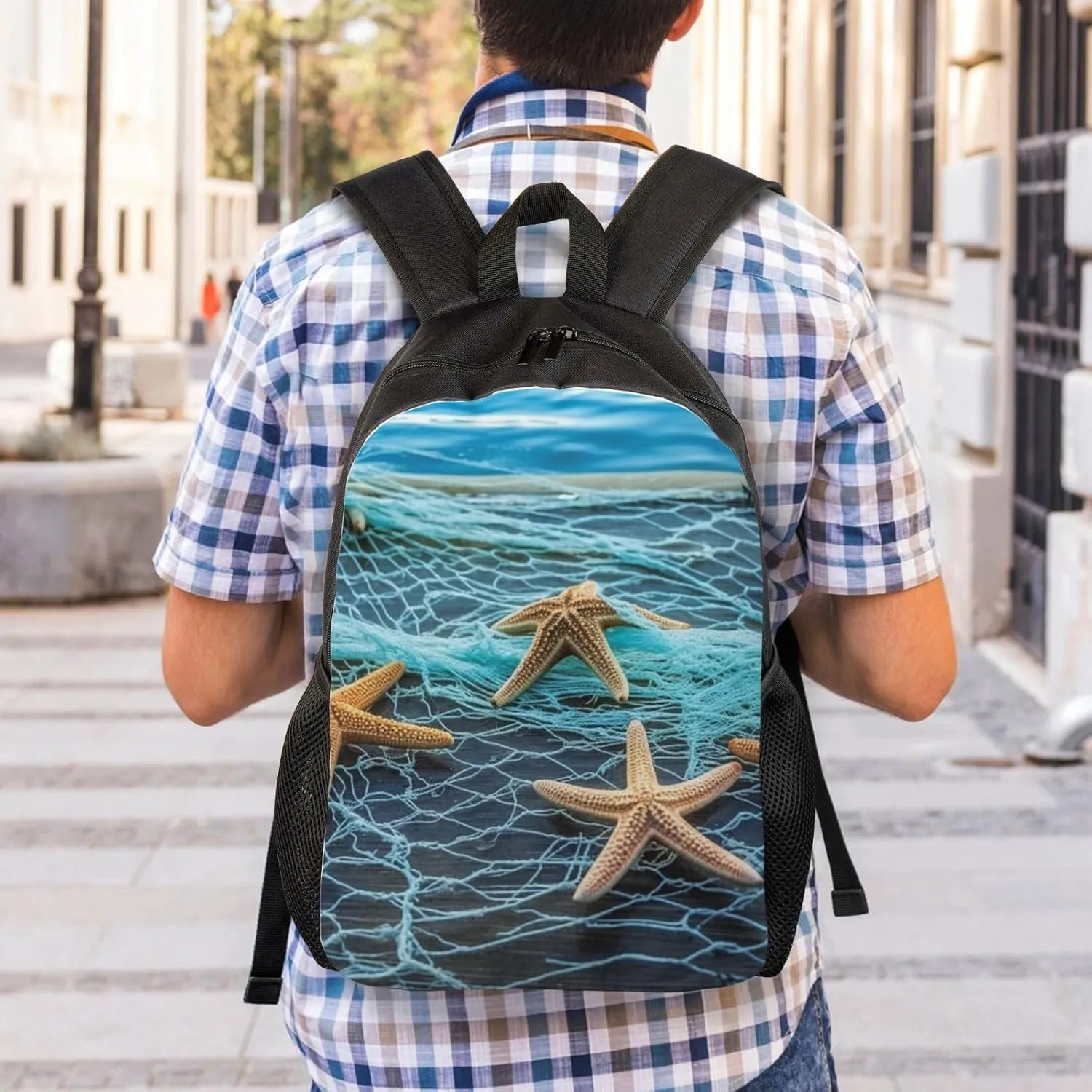 Laptop Backpack for Women Men Carry-on Backpack Starfish Fishing Nets Daypack Lightweight Travel Shoulder Bags