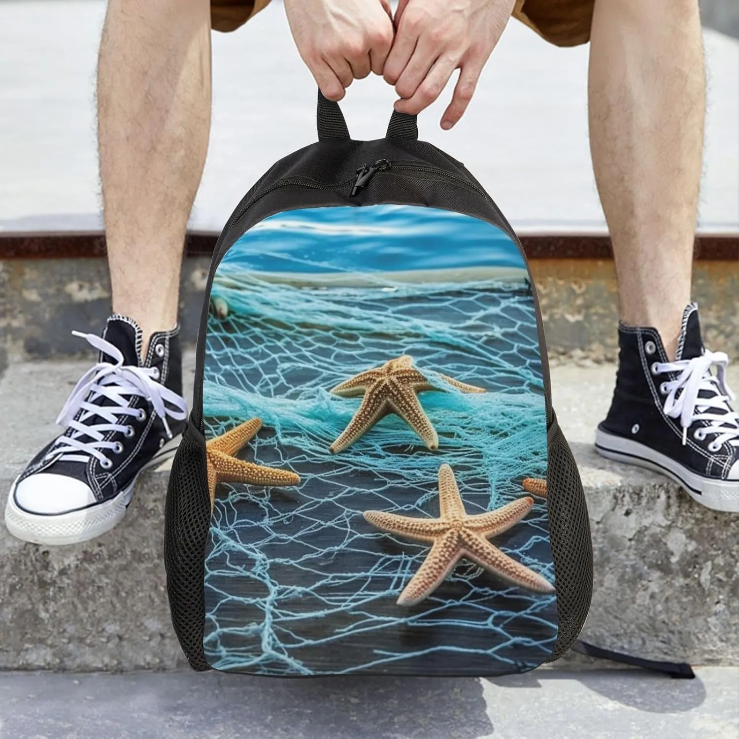 Laptop Backpack for Women Men Carry-on Backpack Starfish Fishing Nets Daypack Lightweight Travel Shoulder Bags