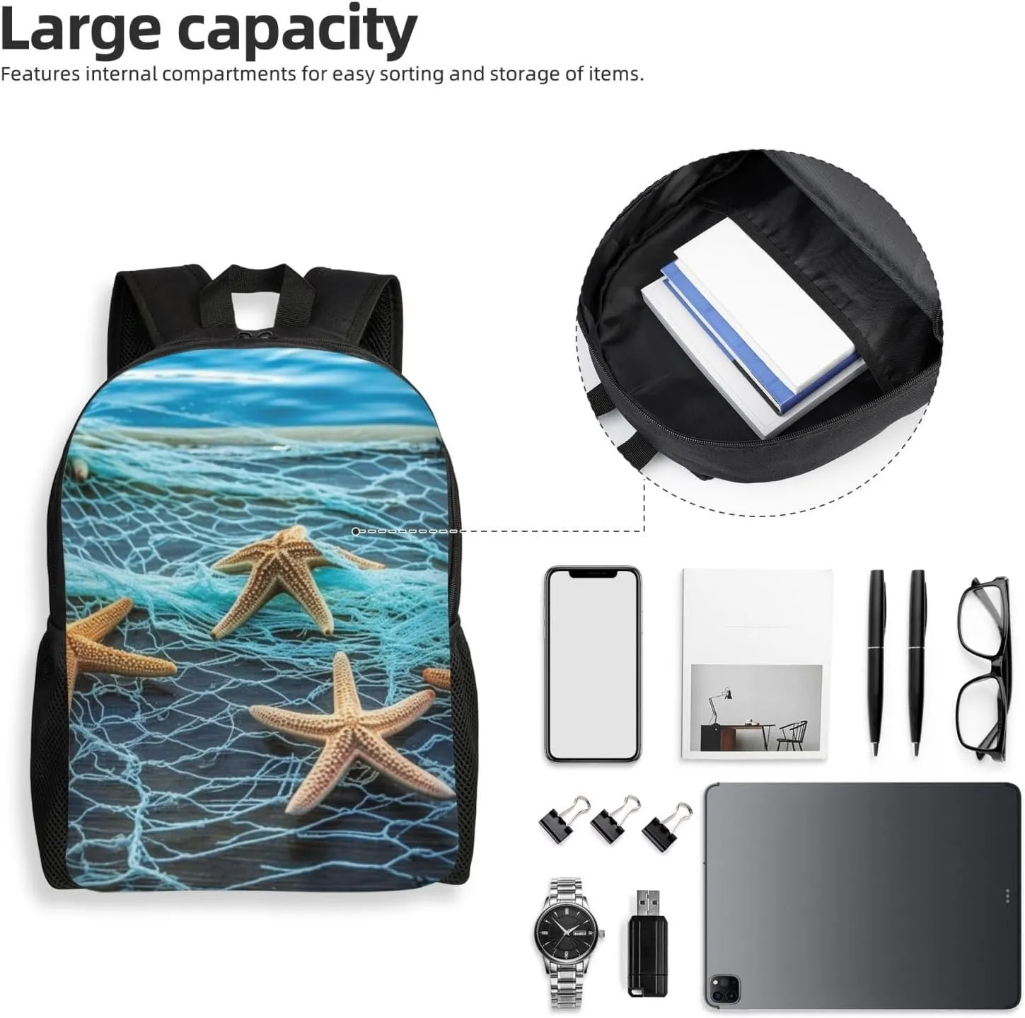 Laptop Backpack for Women Men Carry-on Backpack Starfish Fishing Nets Daypack Lightweight Travel Shoulder Bags