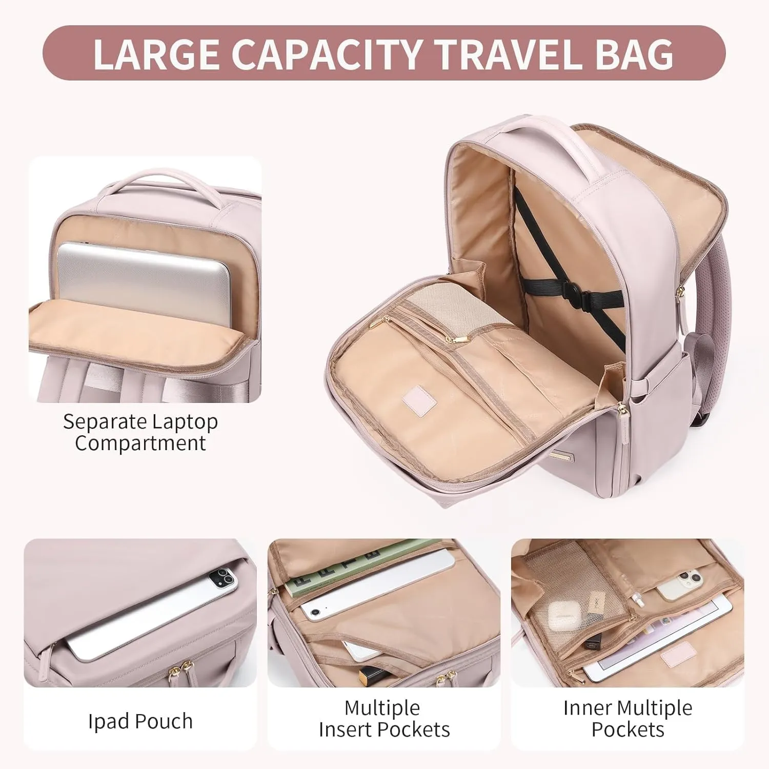 Laptop Backpack for Women, Professional Adult Office Commuter Womens Computer Backpack Travel Carry on Personal Item Bag For Airlines, Work, College, Travel, 17.3Inch, Pink
