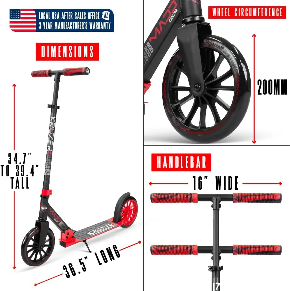 Large Folding Kick Scooter for Adults and Teens – Adjustable Handlebar – Big 200mm Wheels – Lightweight Durable Folding Frame – 220lbs Capacity – Madd Gear Scoot 200