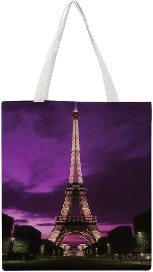 Large Grocery Bags Beach Tote Purple Eiffel Tower Shopping Bag for Women Shoulder Bag for Travel Work Handbag