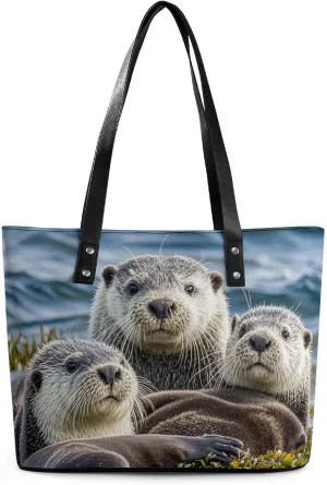 Large Grocery Bags Beach Tote Sea Otter Family Bag for Women Shoulder Bag for Travel Work Handbag
