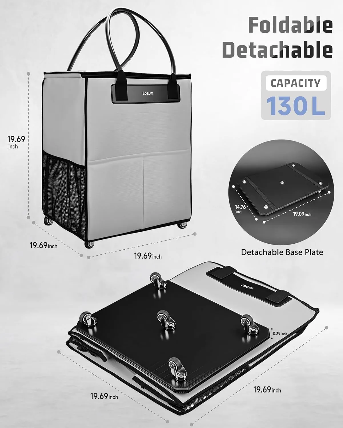 Large Reusable Grocery Bag on Wheels, Foldable Rolling Tote Bag with Detachable Roller