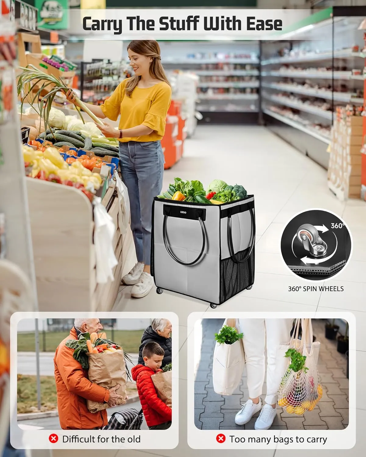 Large Reusable Grocery Bag on Wheels, Foldable Rolling Tote Bag with Detachable Roller