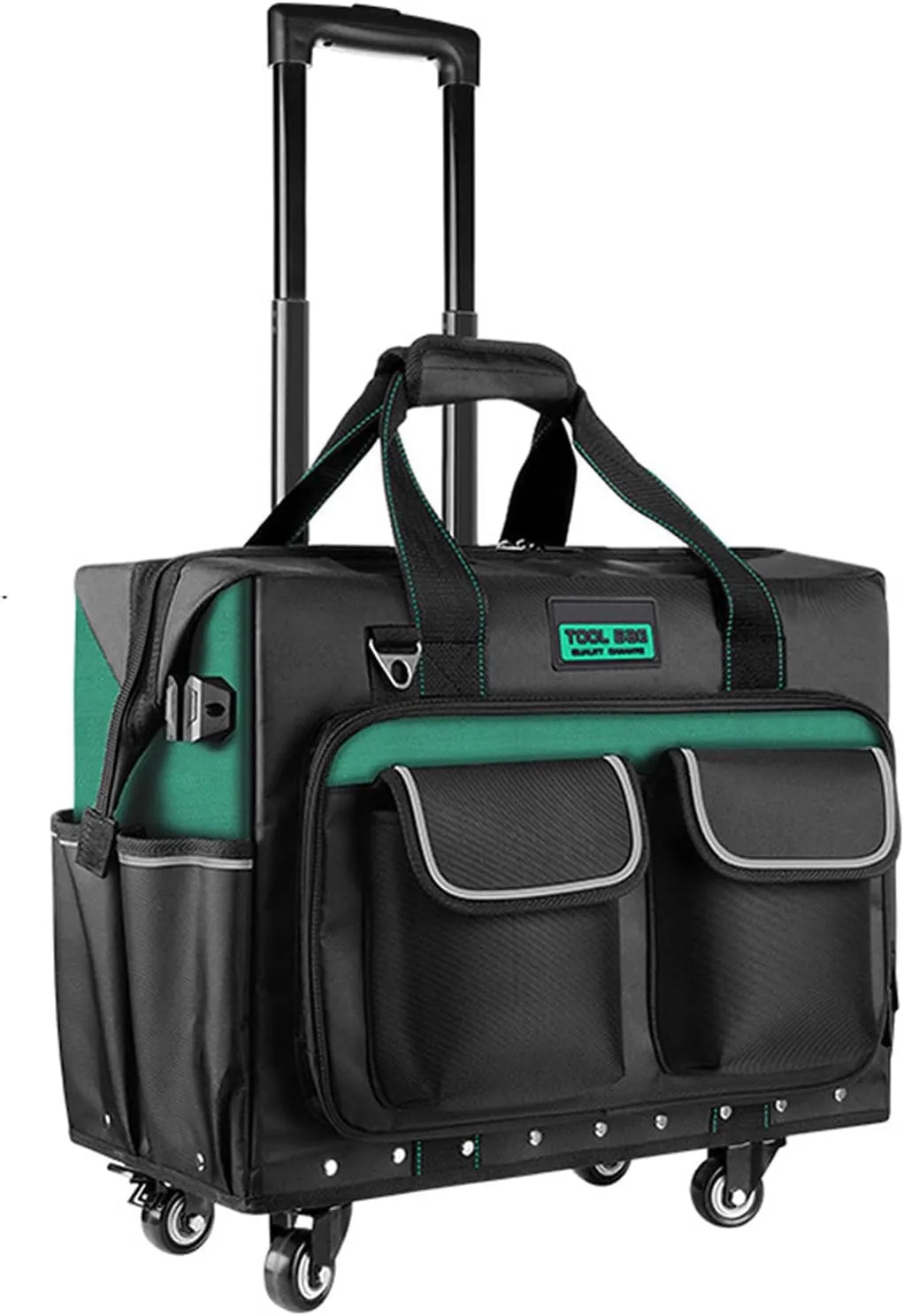 Large Roller Tool Bag with Four Spinner Wheels, Portable Rolling Tool Bag with Steel Plate Base, Waterproof (Green)