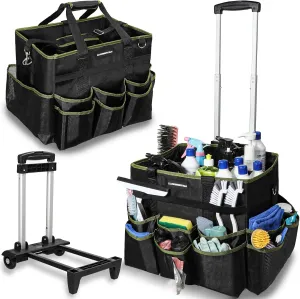 Large Rolling Cleaning Caddy Bag, Cleaning Caddy with Wheels with Detachable Trolley for Housekeepers, Water Resistant Cleaner Supplies Organizer with Wheels for Kitchen, Car, Picnic(Black-Green)