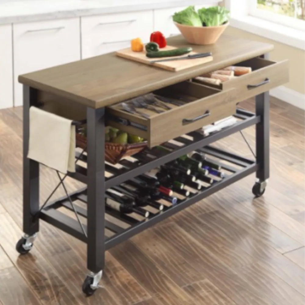 Large Rolling Wood Top Butcher Block Kitchen Island
