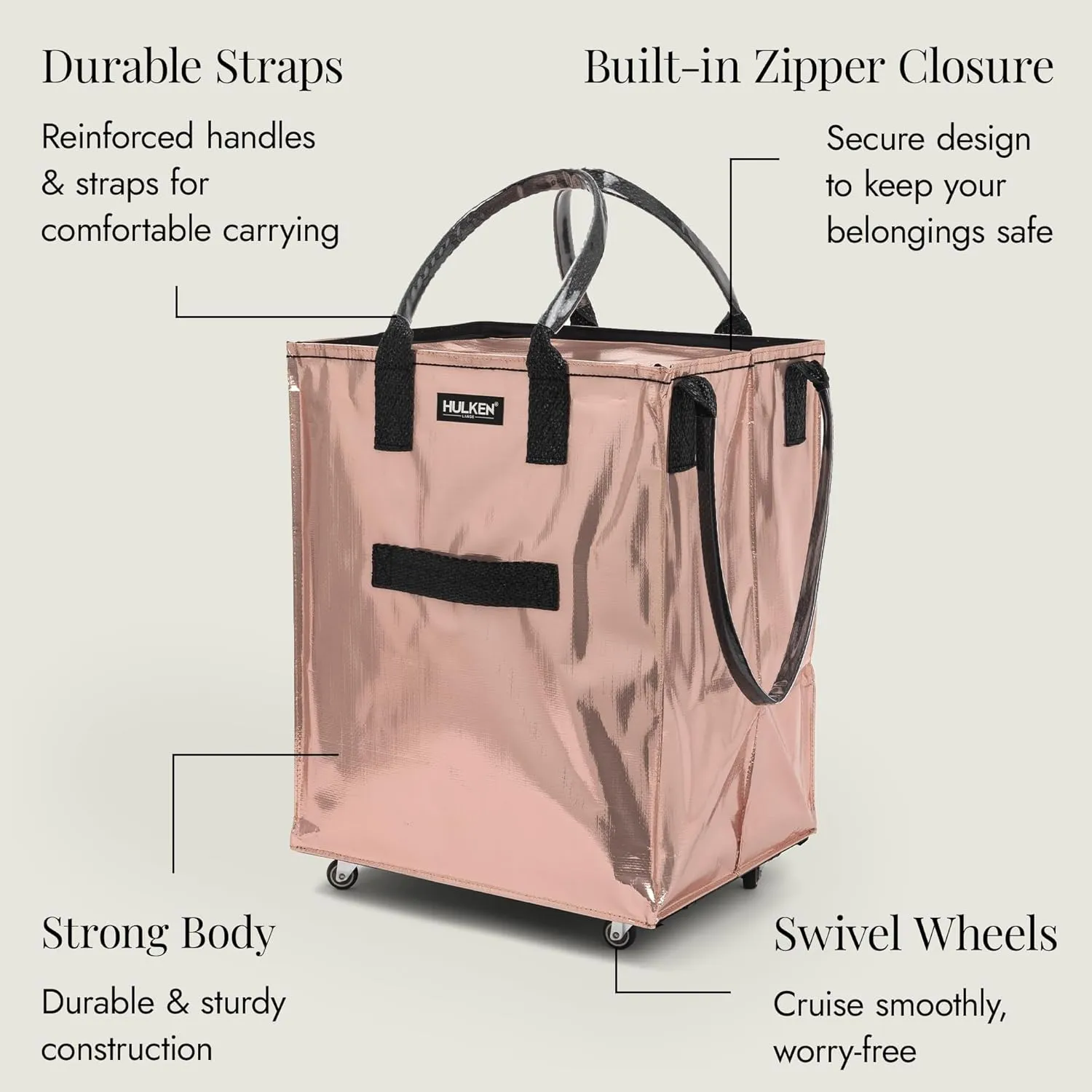 (Large, Rose Gold) Reusable Grocery Bag On Wheels, Shopping Trolley, Rolling Tote, Zipper Closure, Lightweight, Carries Up to 66 lb, Folds Flat, Unbreakable Handles