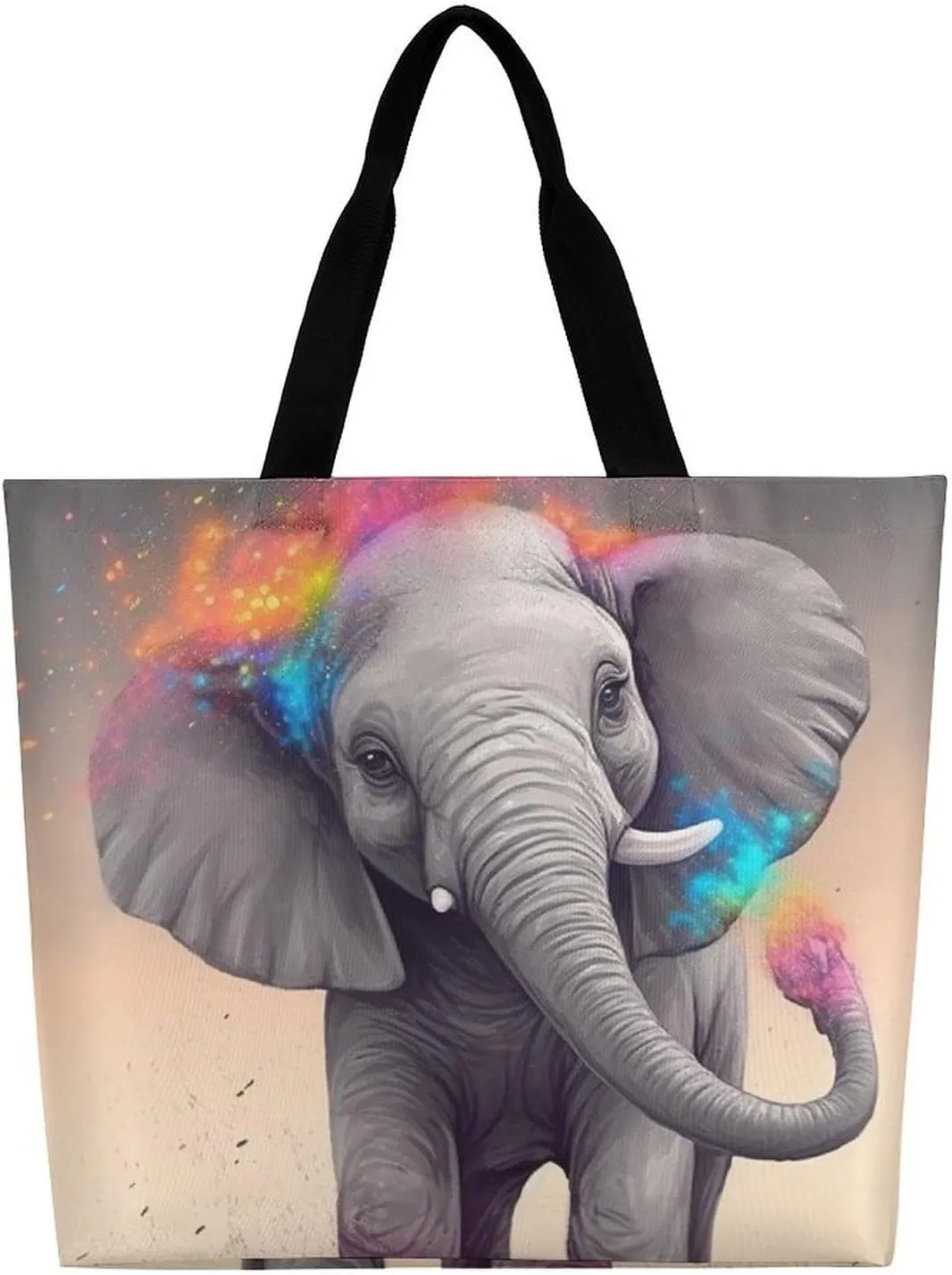 Large Tote Bag Shopping Bag with Handles Animal Cartoon Elephant Foldable Washable Heavy Duty Waterproof
