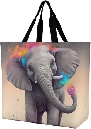 Large Tote Bag Shopping Bag with Handles Animal Cartoon Elephant Foldable Washable Heavy Duty Waterproof