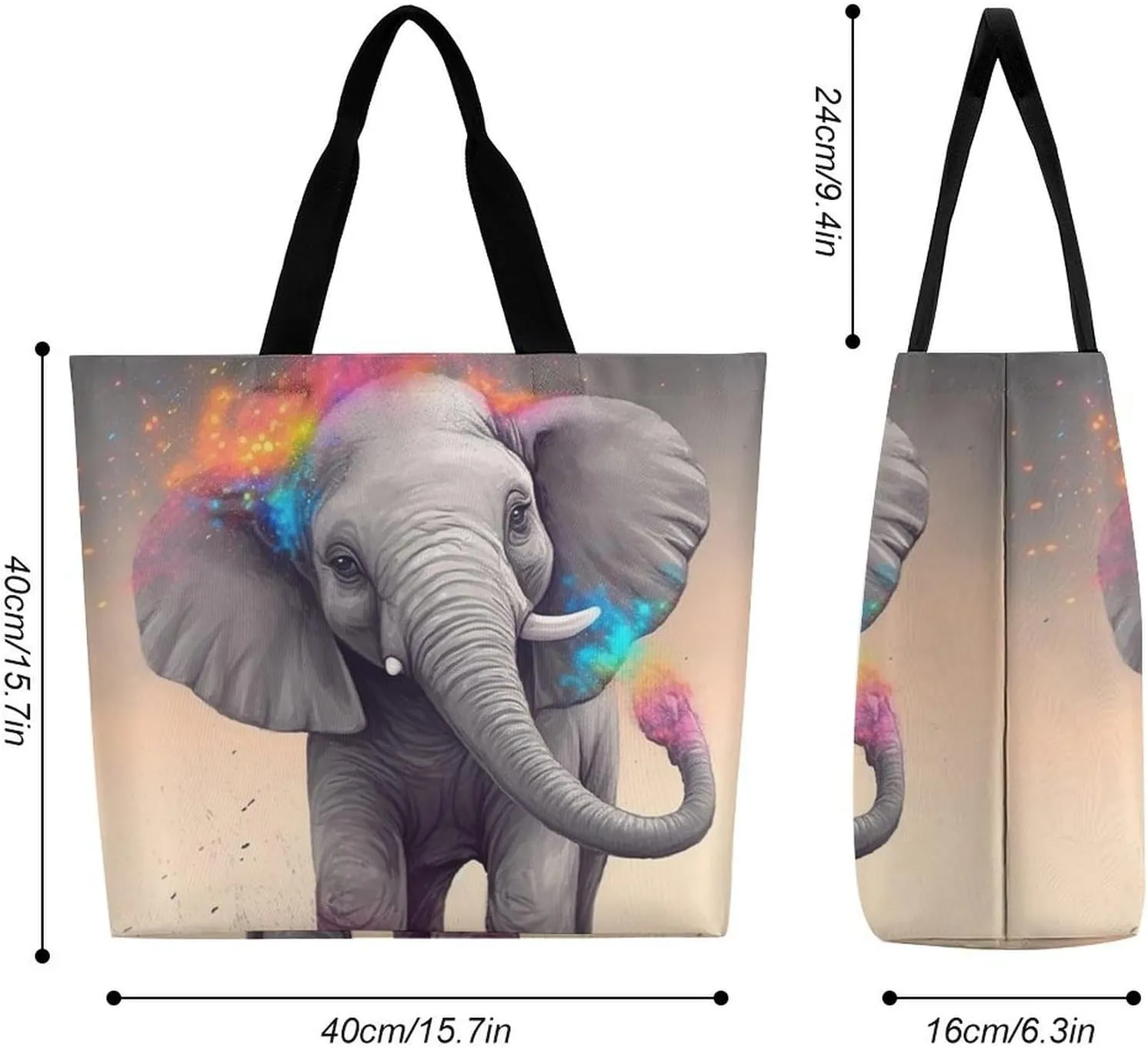 Large Tote Bag Shopping Bag with Handles Animal Cartoon Elephant Foldable Washable Heavy Duty Waterproof