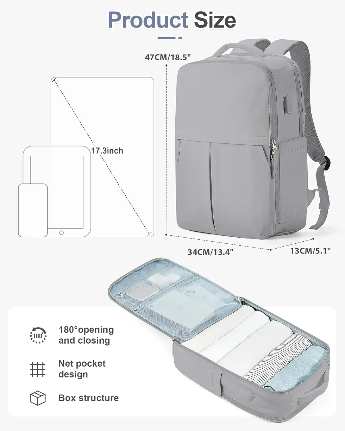 Large Travel Backpack Carry On Flight Approved for Women Men Carry On Backpack for Airplanes Mochila De Viaje Suitcase Backpack for Travel Personal Item Backpack Grey