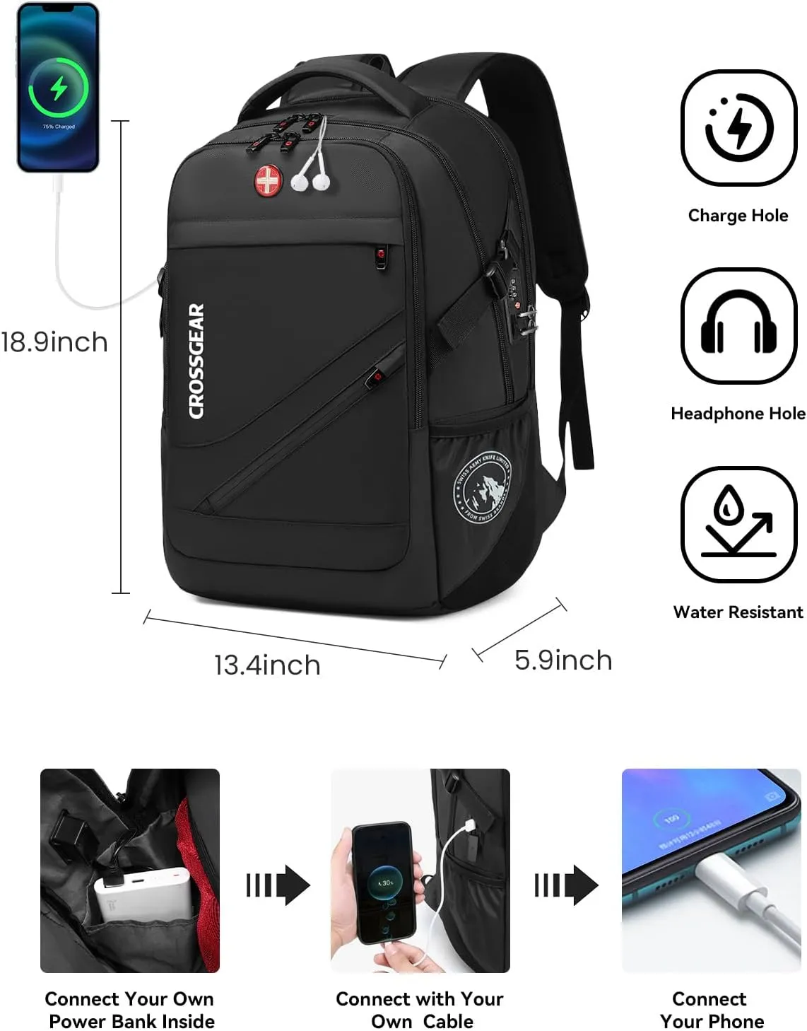 Large Travel Backpack Waterproof Laptop Bag Airline Approved Business Office Work Computer Casual Daypacks TSA Lock Anti-Theft Bookbag with USB Port Fit 17.3 inch Laptops for Men Women