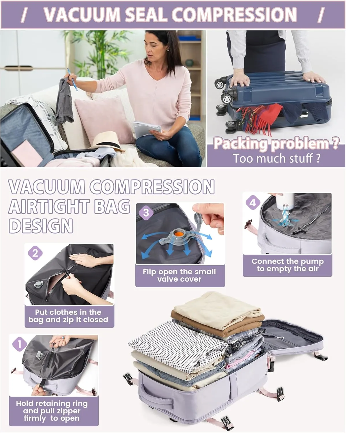 Large Vacuum Backpack Travel Airback Backpack With Pump Vacuum Compression Seal Bags for Women Men Carry on Suitcase Luggage Flight Approved Laptop Backpacks Business Work College Vacpack