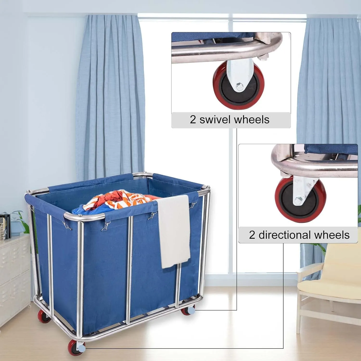 Laundry Cart Commercial/Home,12 Bushels Heavy Duty Large Stainless Steel Rolling Laundry Basket with Wheels for Hotel School Laundry，for Laundry/Sundries Organizer and Storage,286LBS Load