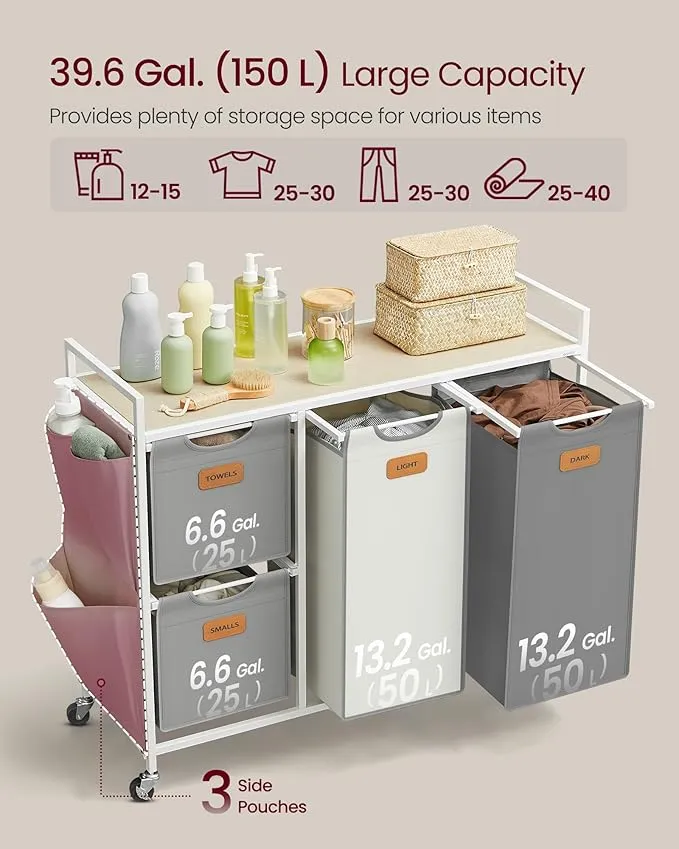 Laundry Hamper with 4 Compartments - Beige/Grey/White