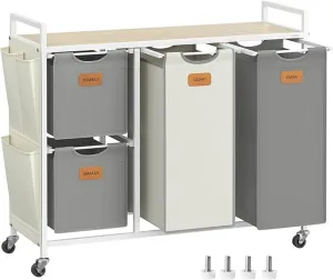 Laundry Hamper with 4 Compartments - Beige/Grey/White