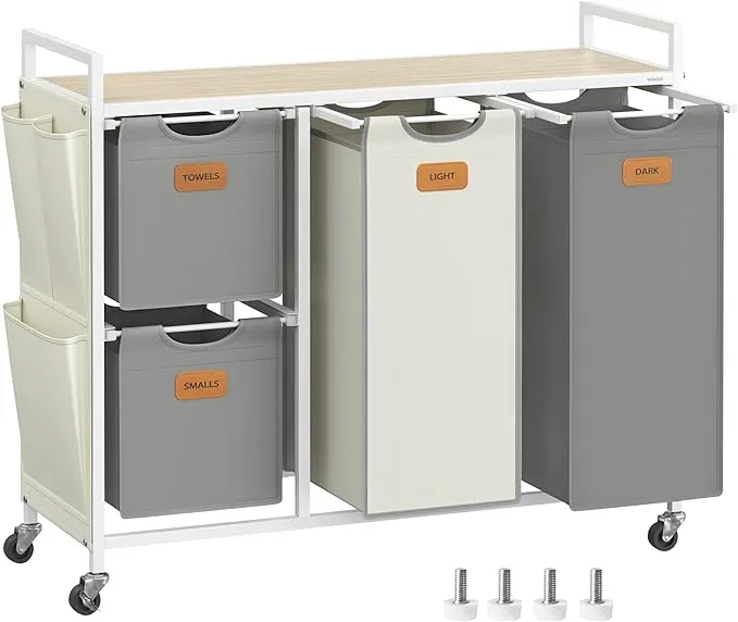 Laundry Hamper with 4 Compartments - Beige/Grey/White