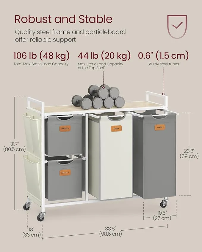 Laundry Hamper with 4 Compartments - Beige/Grey/White