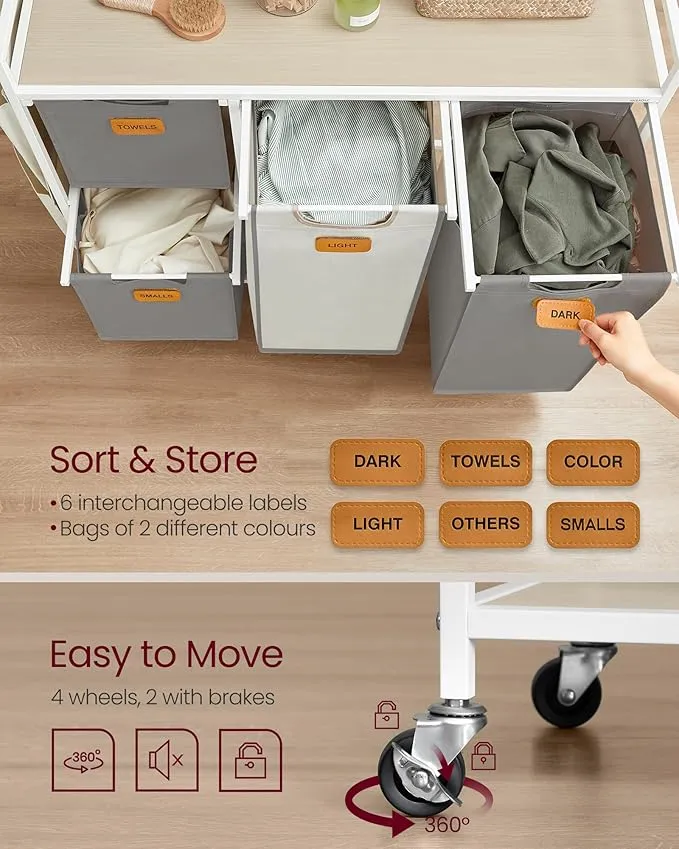 Laundry Hamper with 4 Compartments - Beige/Grey/White